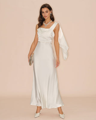 Vestido Maxi de Satén de Cuello Cuadrado Off White