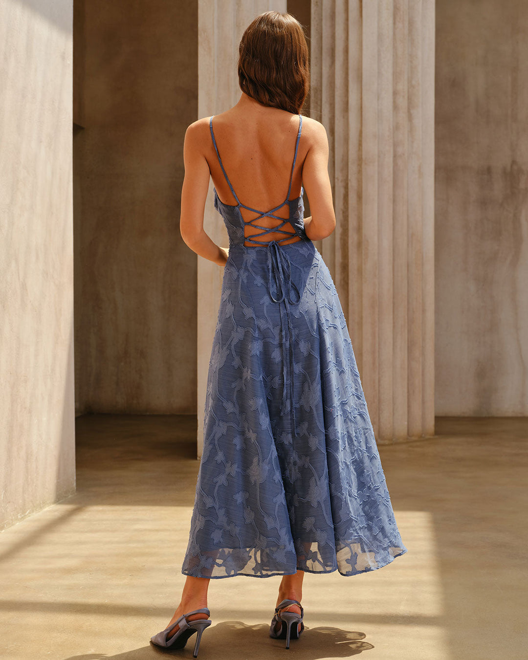 Vestido Maxi Slip de Jacquard Azul con Fruncidos