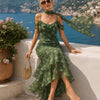 Vestido Maxi Floral con Volantes y Escote en V Verde