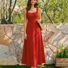 Vestido Maxi con Cuello Cuadrado y Botones Rojo