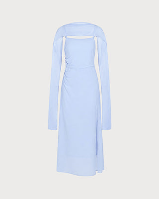 Vestido Maxi de Chiffon con Cuello de Cowl y Tirantes Azules