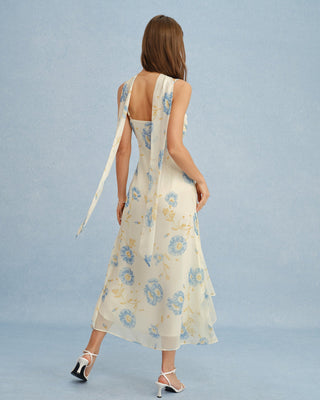 Vestido Maxi de Chifón Floral Beige