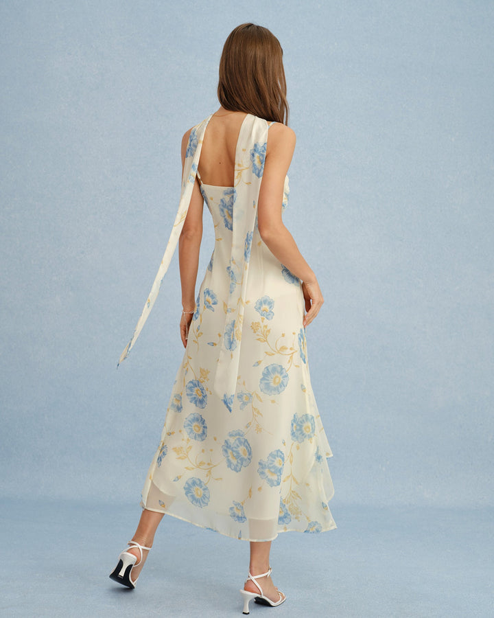 Vestido Maxi de Chifón Floral Beige