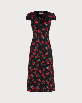 Vestido Maxi Negro con Flores y Escote en V