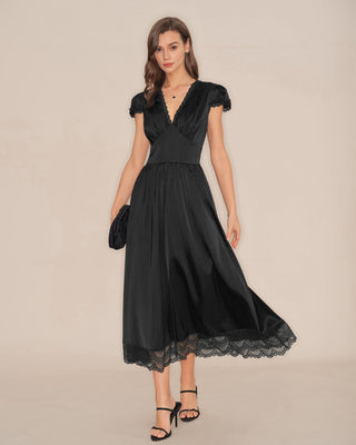 Vestido Maxi de Manga Abullonada con Encaje y Escote en V Negro