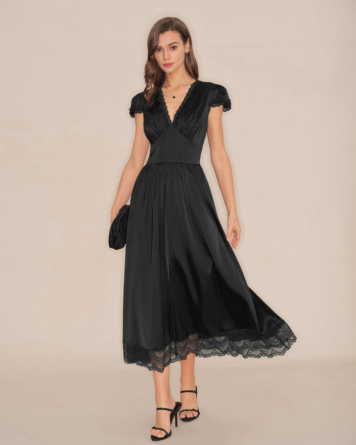 Vestido Maxi de Manga Abullonada con Encaje y Escote en V Negro