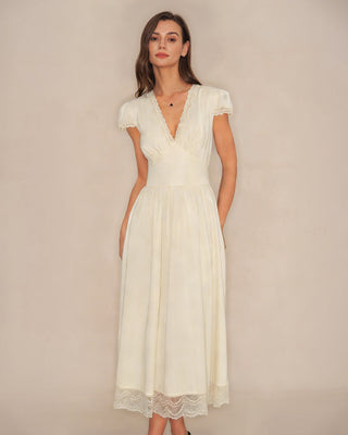Vestido Maxi de Encaje con Escote en V Color Albaricoque