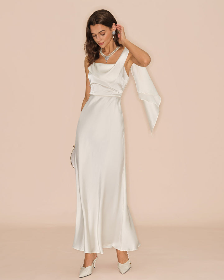 Vestido Maxi de Satén de Cuello Cuadrado Off White