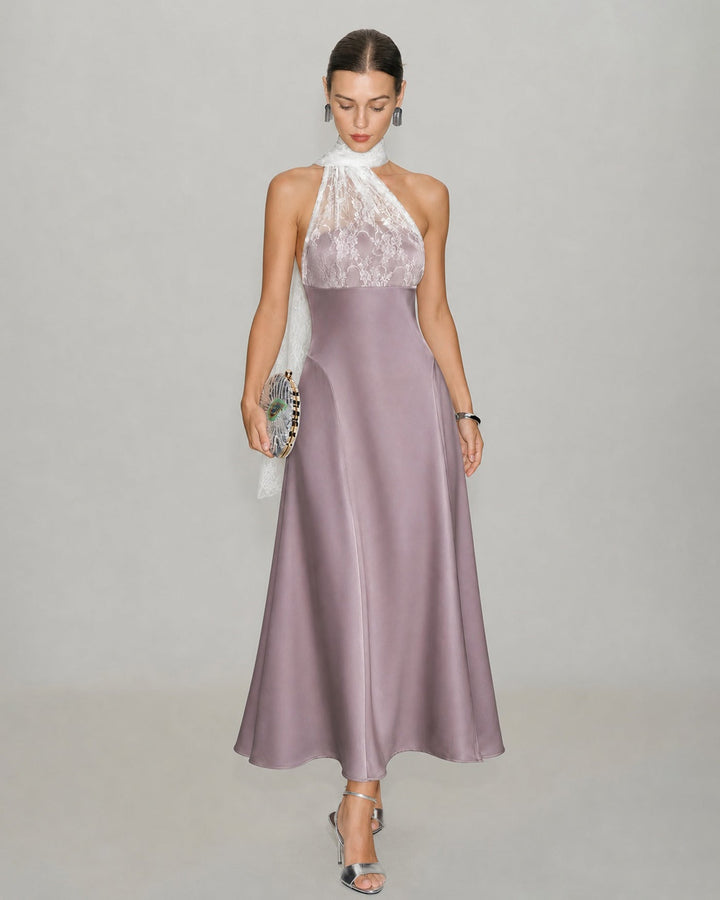Vestido Maxi de Encaje Rosa con Un Hombro