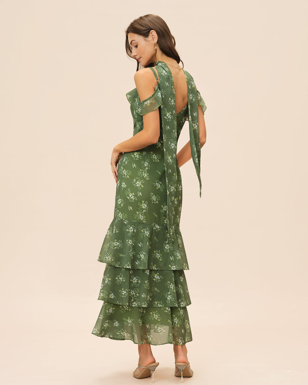Vestido Maxi Floral con Volantes y Escote en V Verde