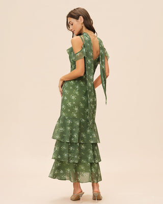 Vestido Maxi Floral con Volantes y Escote en V Verde
