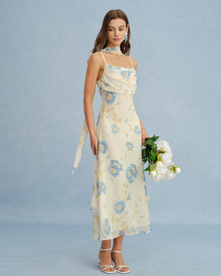 Vestido Maxi de Chifón Floral Beige