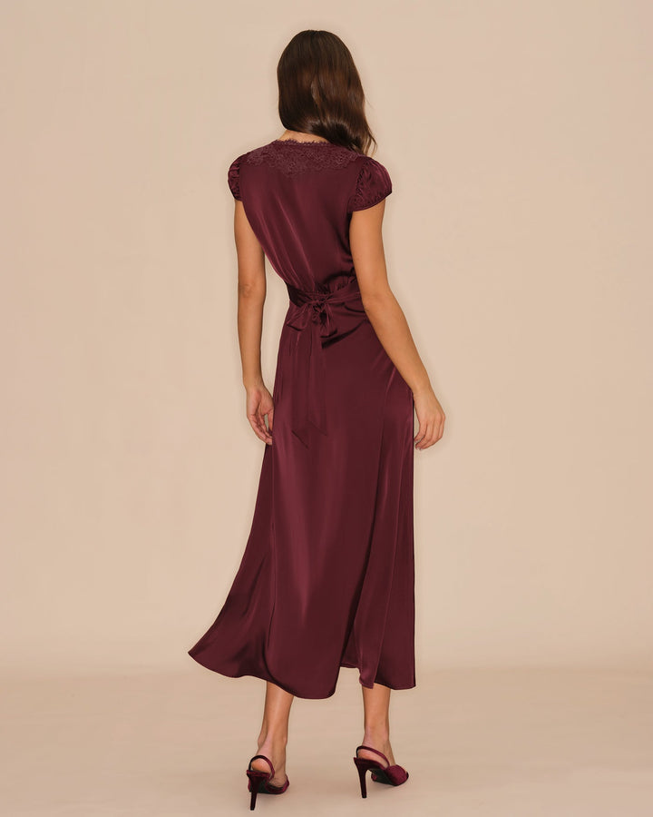 Vestido Maxi de Encaje V en Rojo Vino