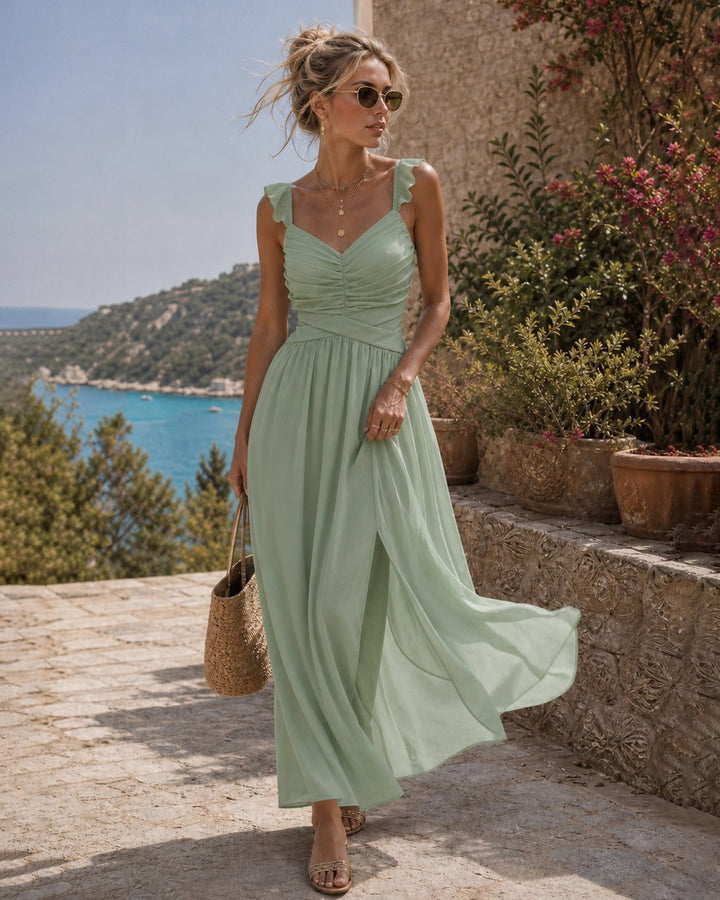 Vestido Maxi con Volantes y Cinta en V Verde
