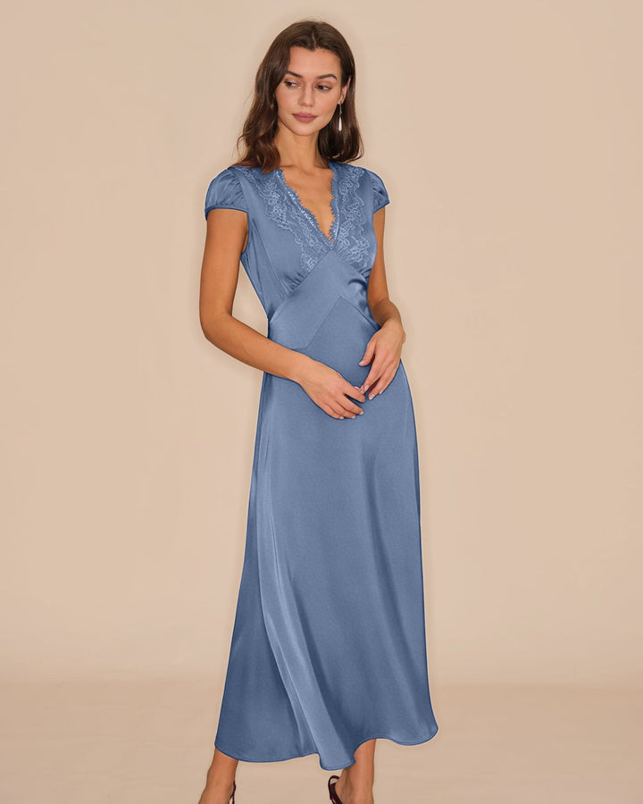 Vestido Maxi de Encaje con Cuello en V Azul