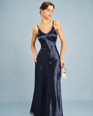 Vestido Maxi de Encaje Jacquard en Color Marino