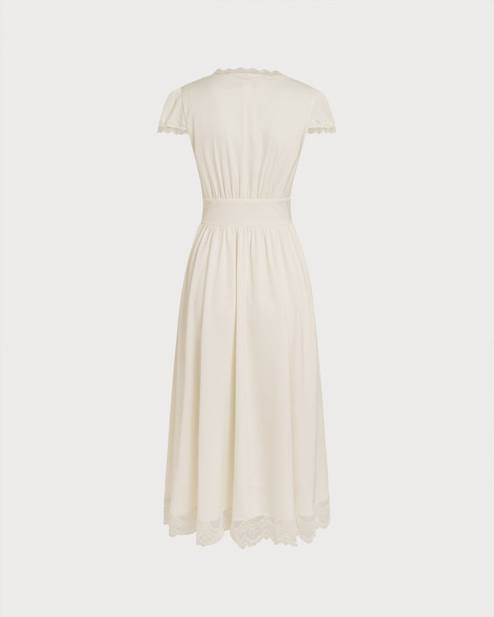 Vestido Maxi de Encaje con Escote en V Color Albaricoque