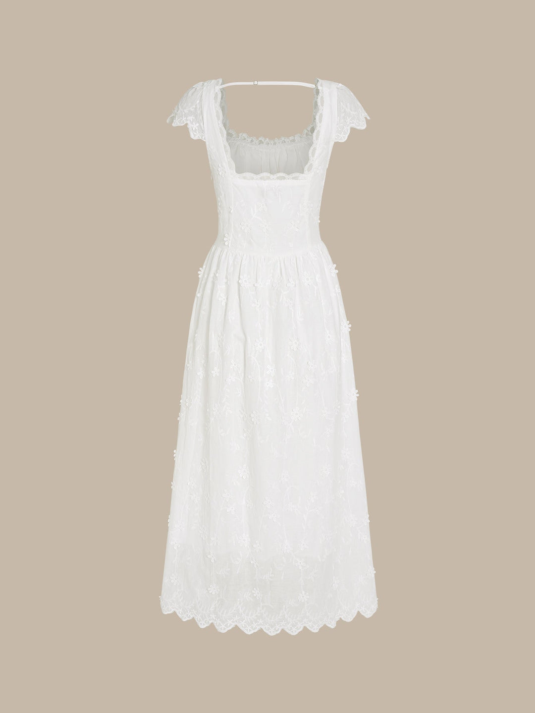 Vestido Maxi de Encaje con Flores y Cuello Cuadrado Blanco