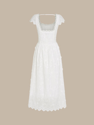 Vestido Maxi de Encaje con Flores y Cuello Cuadrado Blanco