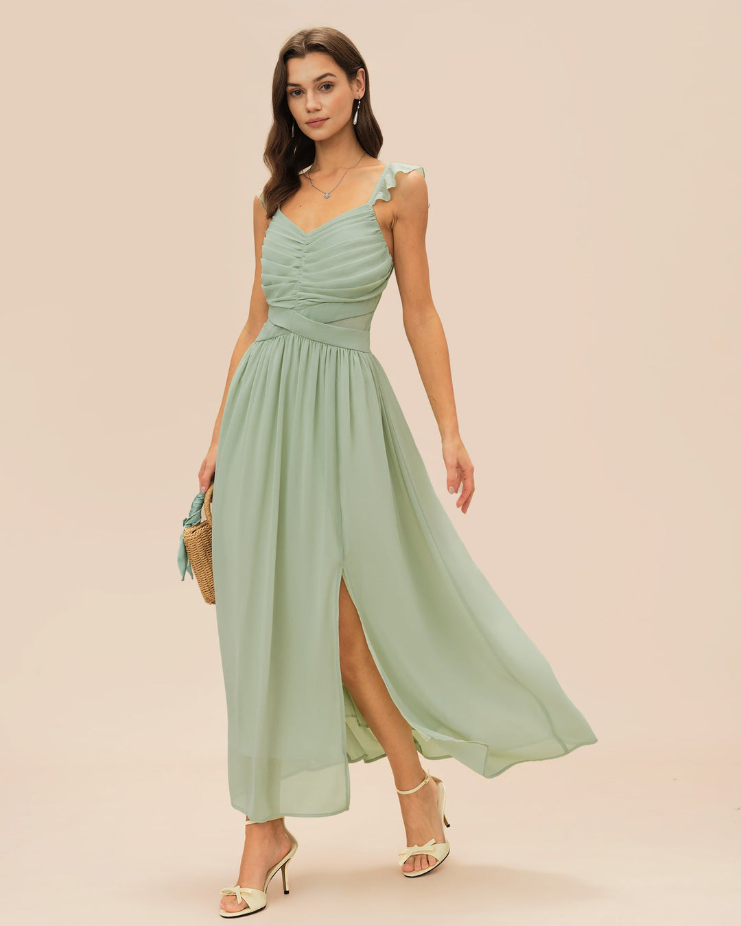 Vestido Maxi con Volantes y Cinta en V Verde