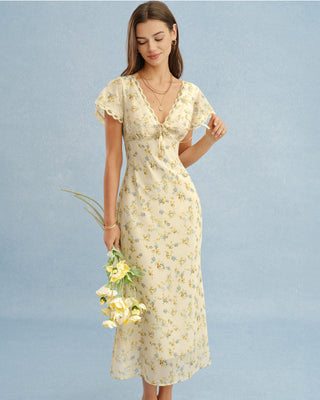 Vestido Largo Floral Amarillo con Escote en V