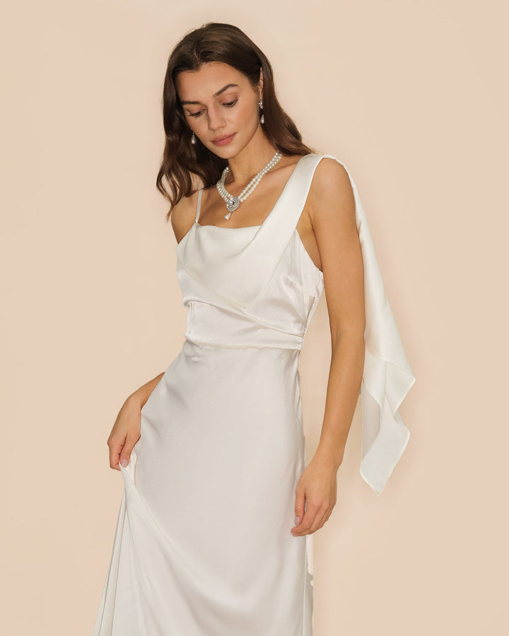 Vestido Maxi de Satén de Cuello Cuadrado Off White