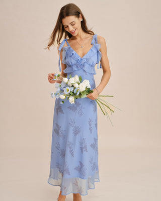 Vestido Maxi con Volantes y Tirantes de Flores Azules