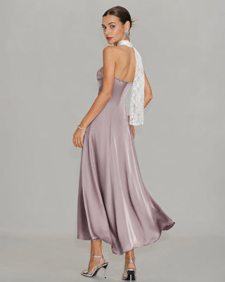Vestido Maxi de Encaje Rosa con Un Hombro