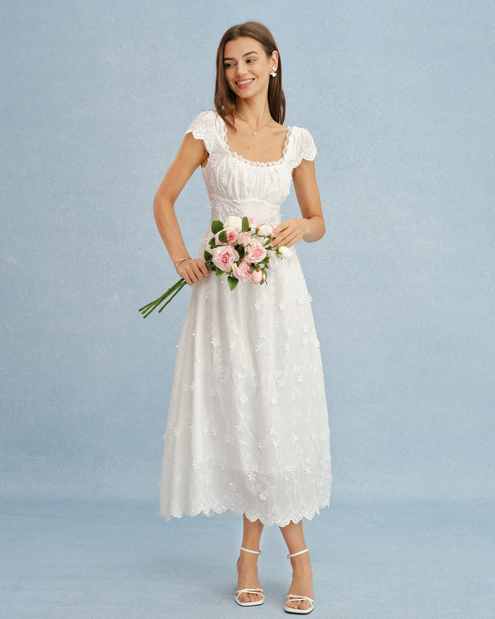Vestido Maxi de Encaje con Flores y Cuello Cuadrado Blanco