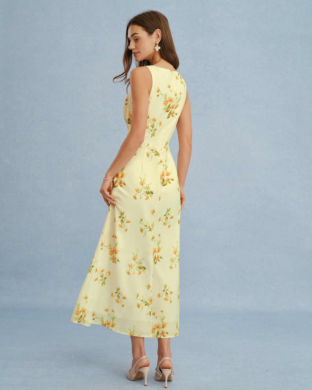 Vestido Maxi de Chifón Floral Amarillo con Escote en V