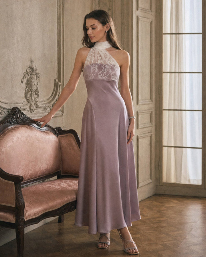 Vestido Maxi de Encaje Rosa con Un Hombro
