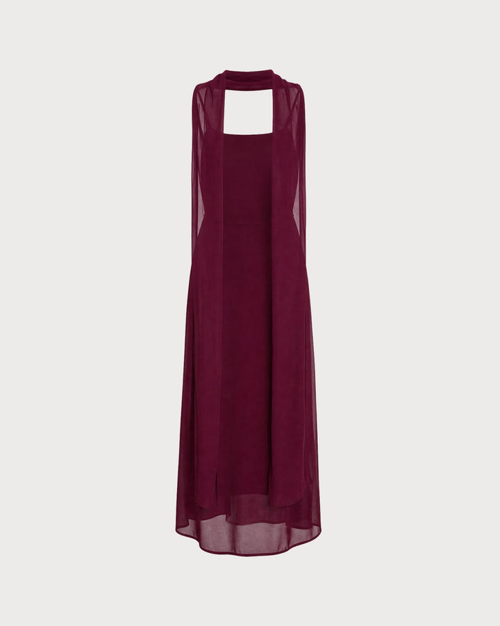 Vestido Maxi Chiffon con Cuello Cowl en Rojo Vino