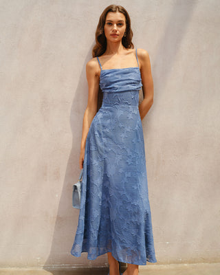 Vestido Maxi Slip de Jacquard Azul con Fruncidos
