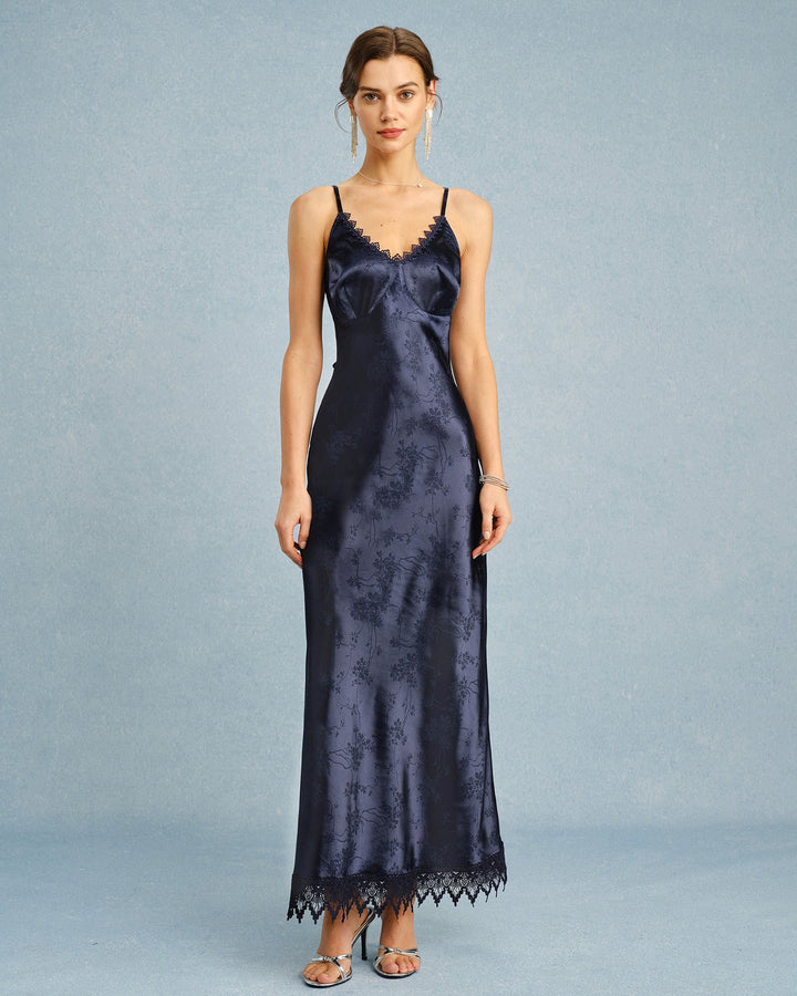 Vestido Maxi de Encaje Jacquard en Color Marino