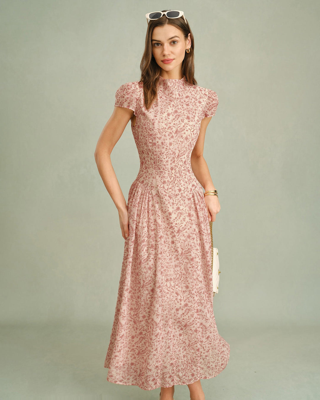 Vestido Largo Floral con Cuello Mock Rosa