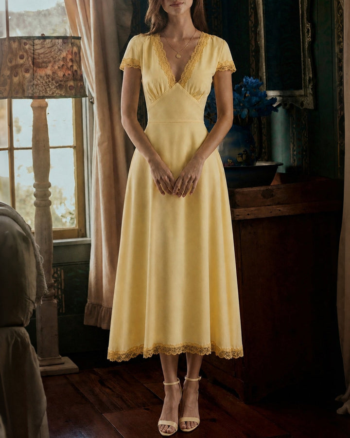 Vestido Maxi con Encaje y Escote en V Amarillo