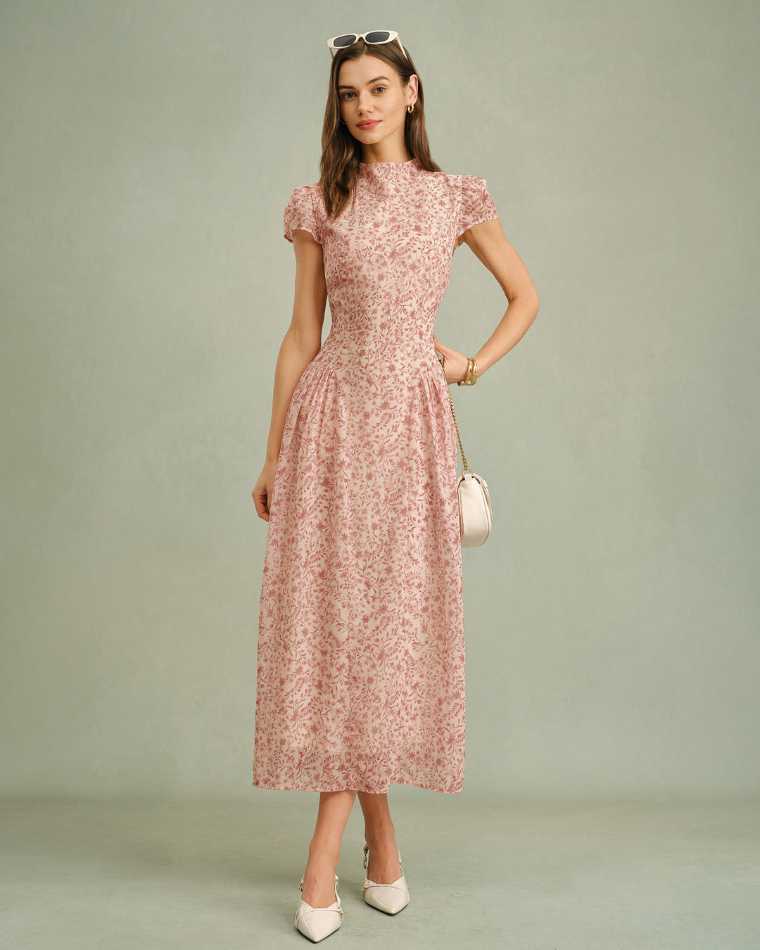 Vestido Largo Floral con Cuello Mock Rosa