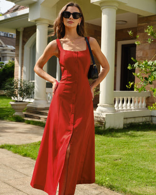 Vestido Maxi con Cuello Cuadrado y Botones Rojo