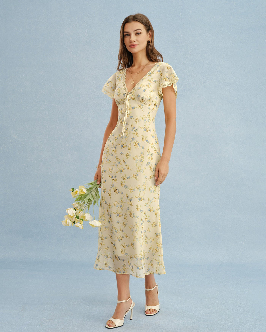 Vestido Largo Floral Amarillo con Escote en V