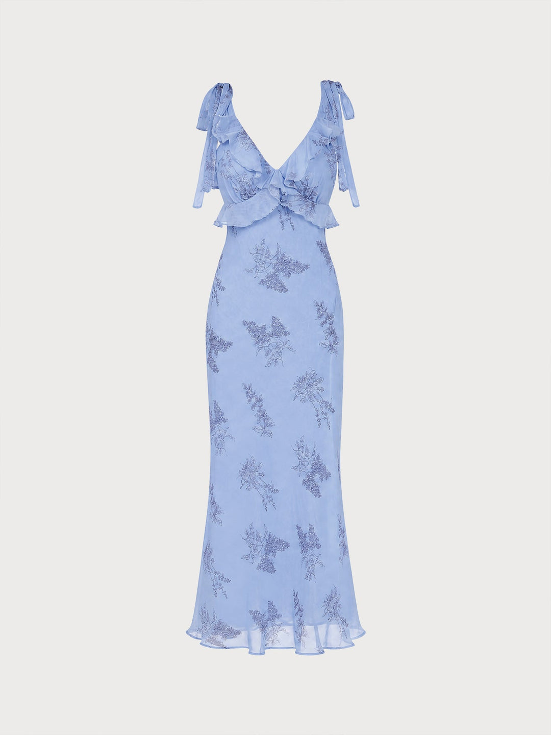 Vestido Maxi con Volantes y Tirantes de Flores Azules