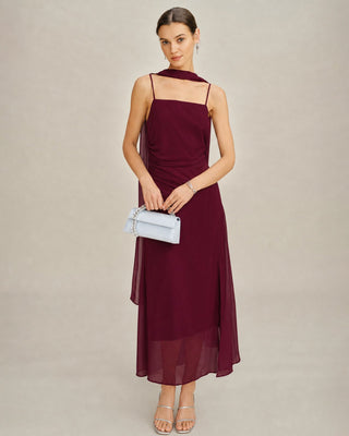Vestido Maxi Chiffon con Cuello Cowl en Rojo Vino