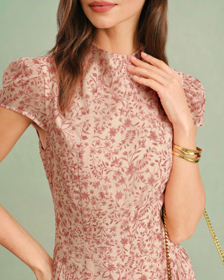 Vestido Largo Floral con Cuello Mock Rosa