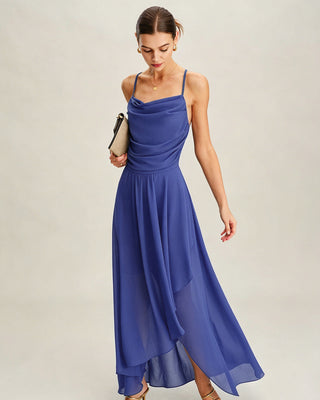 Vestido Maxi Chiffon Sin Mangas con Escote Cuadrado Azul