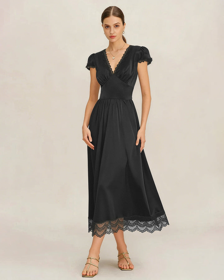 Vestido Maxi de Manga Abullonada con Encaje y Escote en V Negro