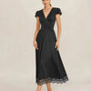 Vestido Maxi de Manga Abullonada con Encaje y Escote en V Negro