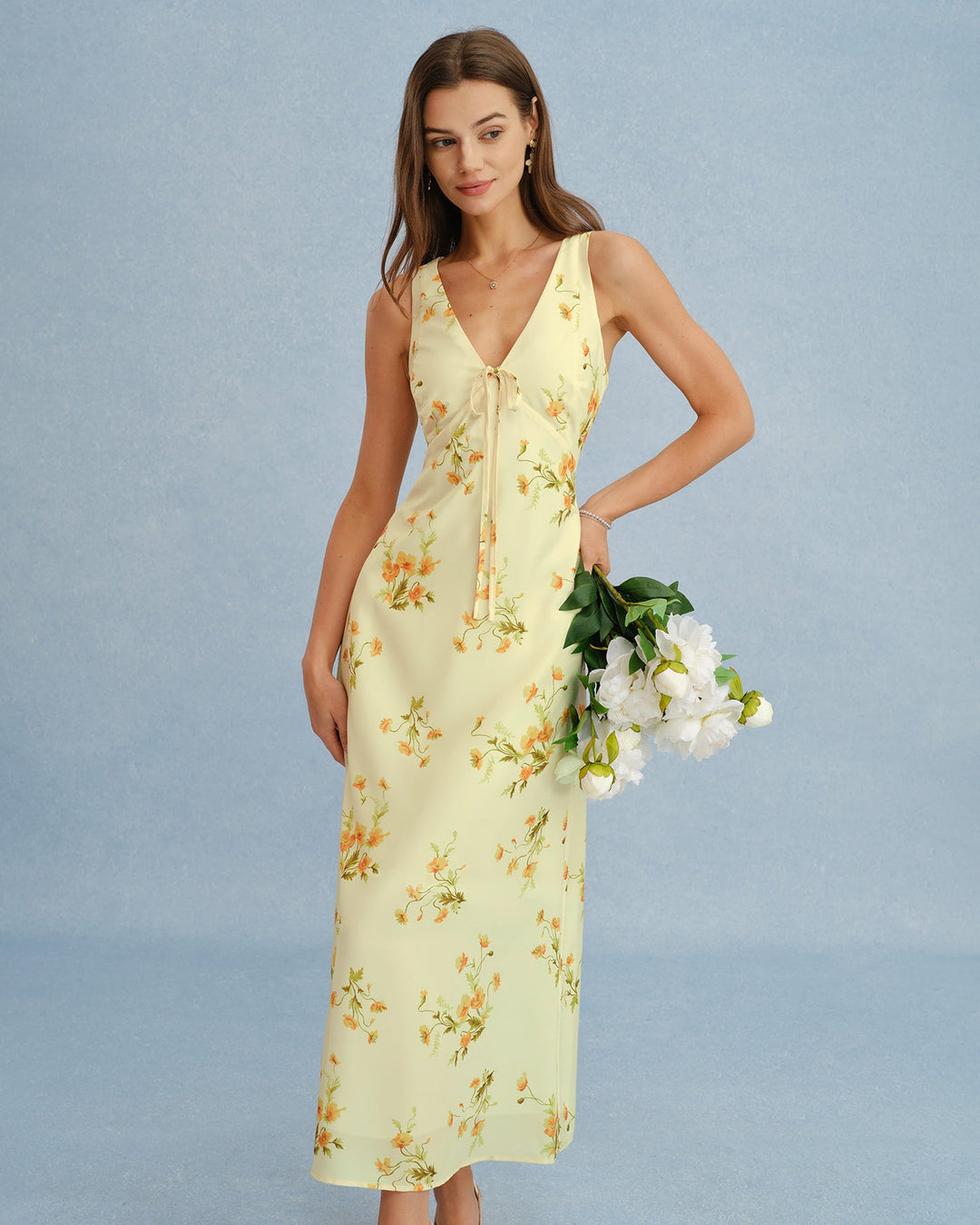 Vestido Maxi de Chifón Floral Amarillo con Escote en V