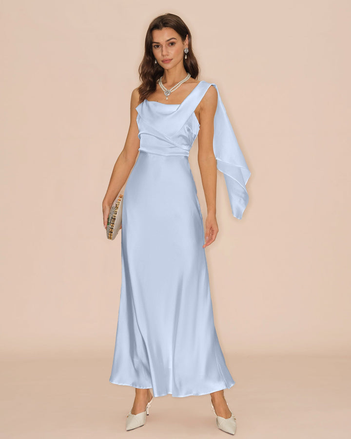 Vestido Largo de Satén con Escote Cuadrado Azul