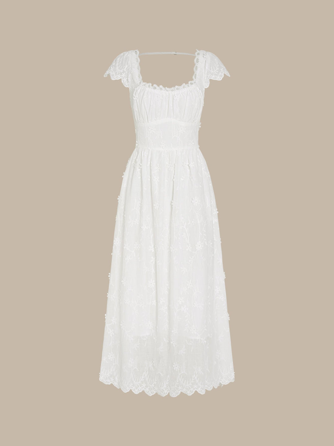 Vestido Maxi de Encaje con Flores y Cuello Cuadrado Blanco