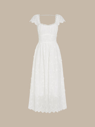 Vestido Maxi de Encaje con Flores y Cuello Cuadrado Blanco