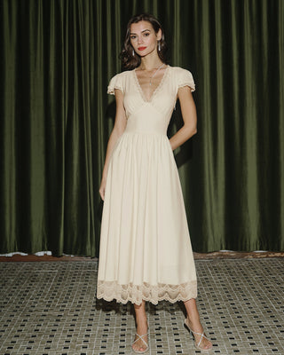 Vestido Maxi de Encaje con Escote en V Color Albaricoque